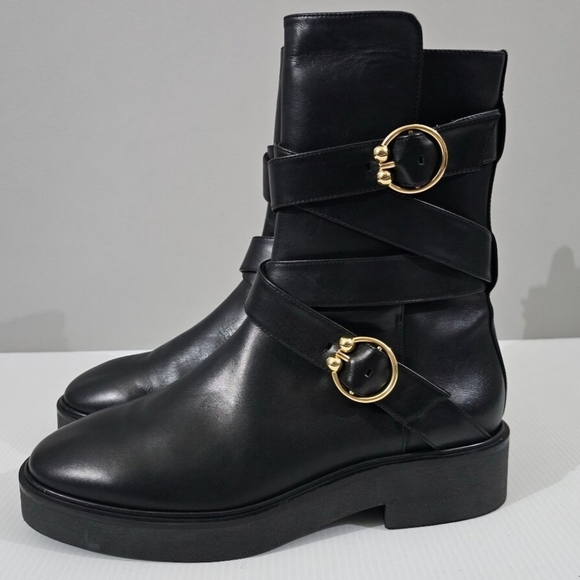 NEW Stuart Weitzman Luxering Moto Boot Womens 7 Black Leather Biker Designer - Picture 1 of 14